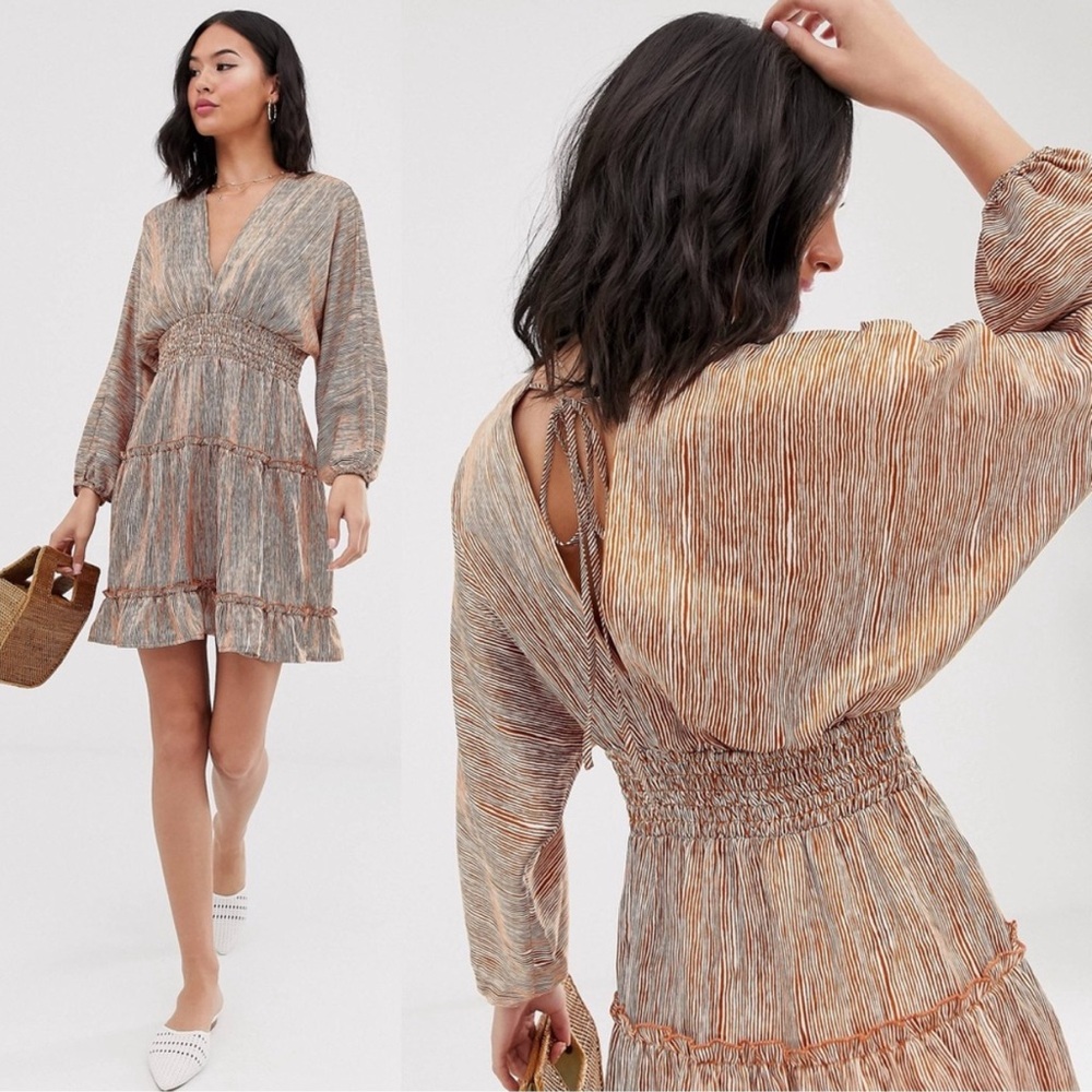 Moon River Brown White Satin Dolman Sleeve Tiered Mini Dress